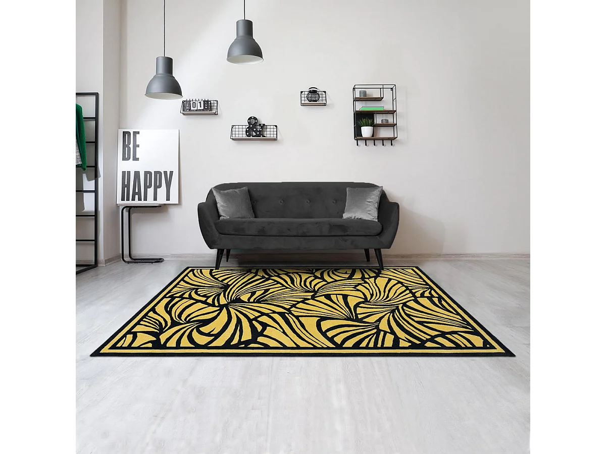 tapis chambre 200x280 fait à la main en laine or et noir rectangle motif abstrait