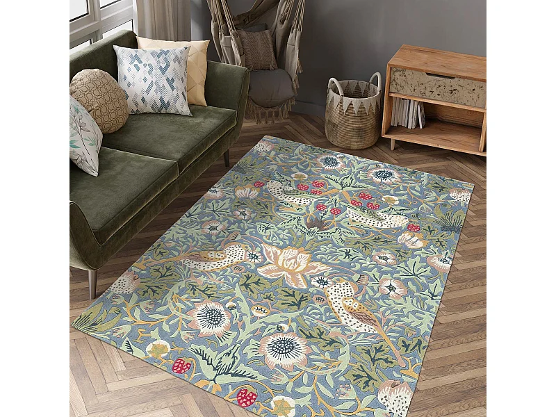 tapis salle à manger 250x350 fait à la main en laine vert pastel motif floral