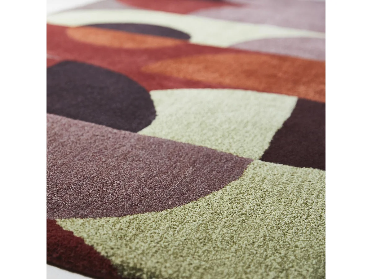 tapis chambre 140x200 fait à la main en laine rouge et orange motif seventies