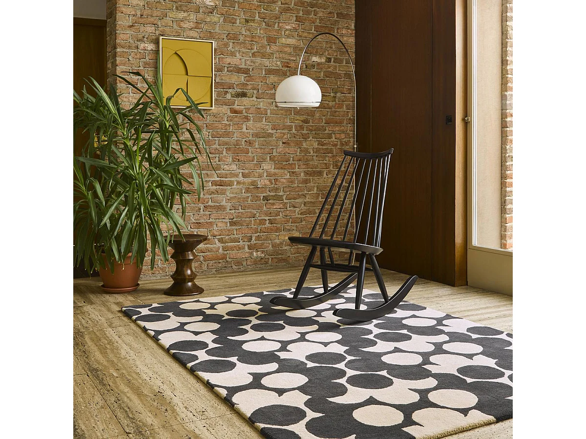 tapis salon 200x280 fait à la main en laine crème et noir motif seventies