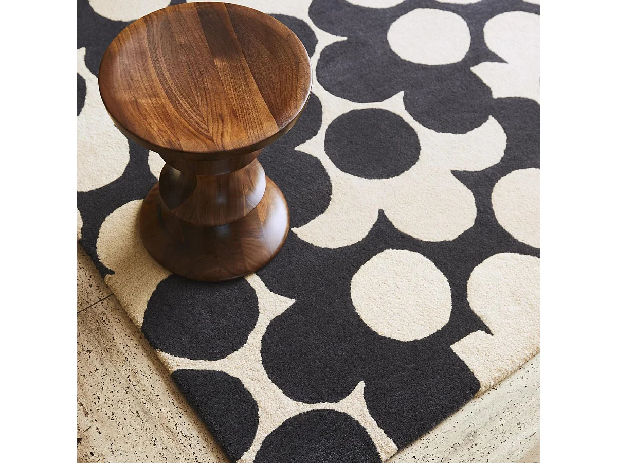 tapis salon 200x280 fait à la main en laine crème et noir motif seventies