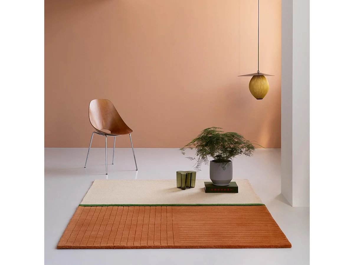 tapis salon 250x350 fait main en laine orange et vert rectangle motif simple