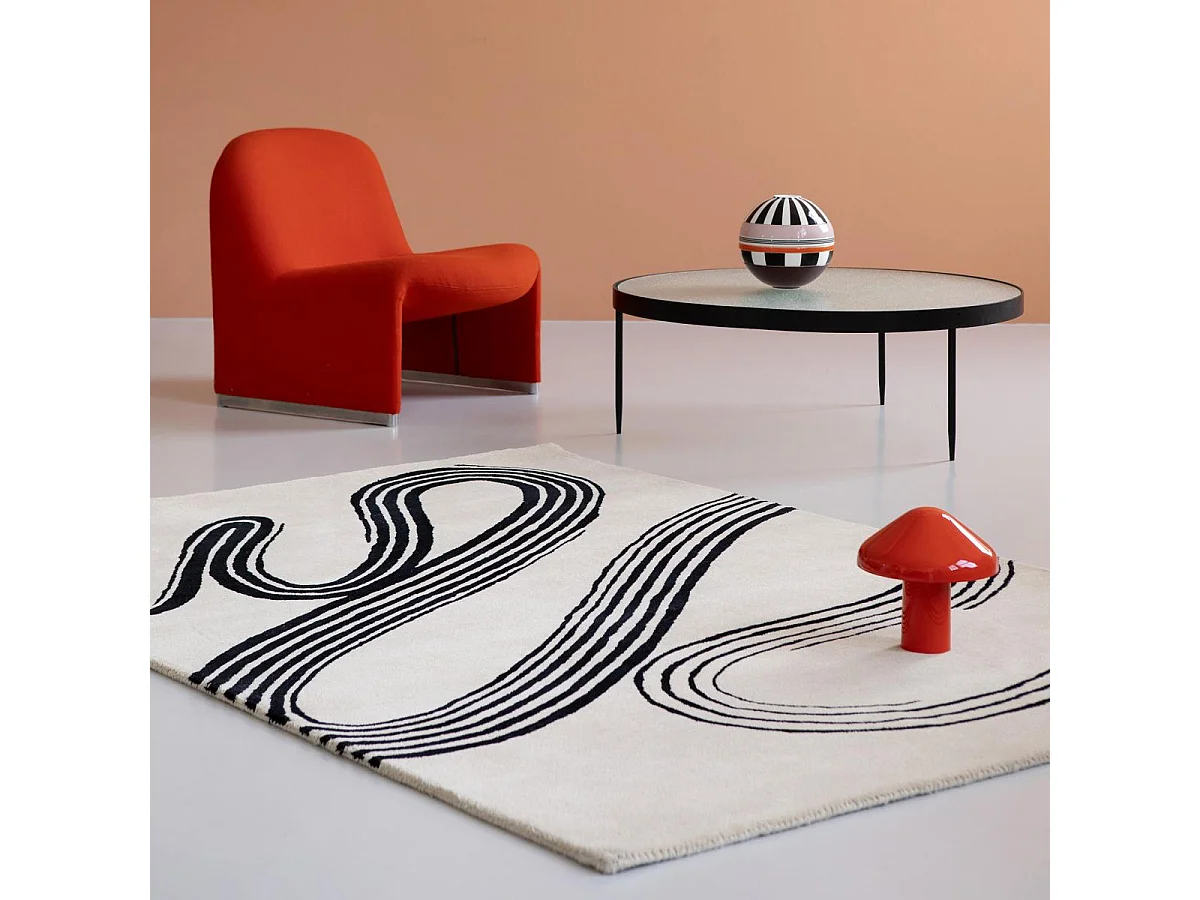 tapis chambre 140x200 fait main en laine crème et noir motif géométrique