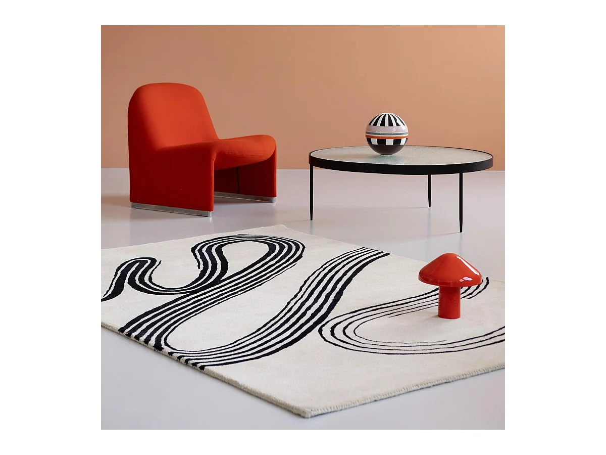 tapis chambre 140x200 fait main en laine crème et noir motif géométrique