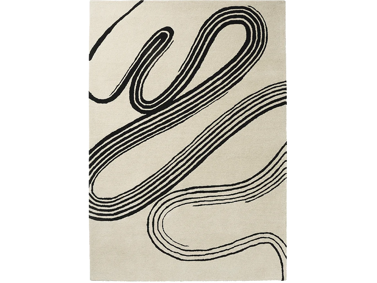 tapis chambre 140x200 fait main en laine crème et noir motif géométrique