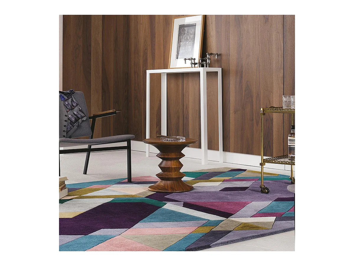 tapis salon 200x280 fait à la main en laine violet et rose motif seventies
