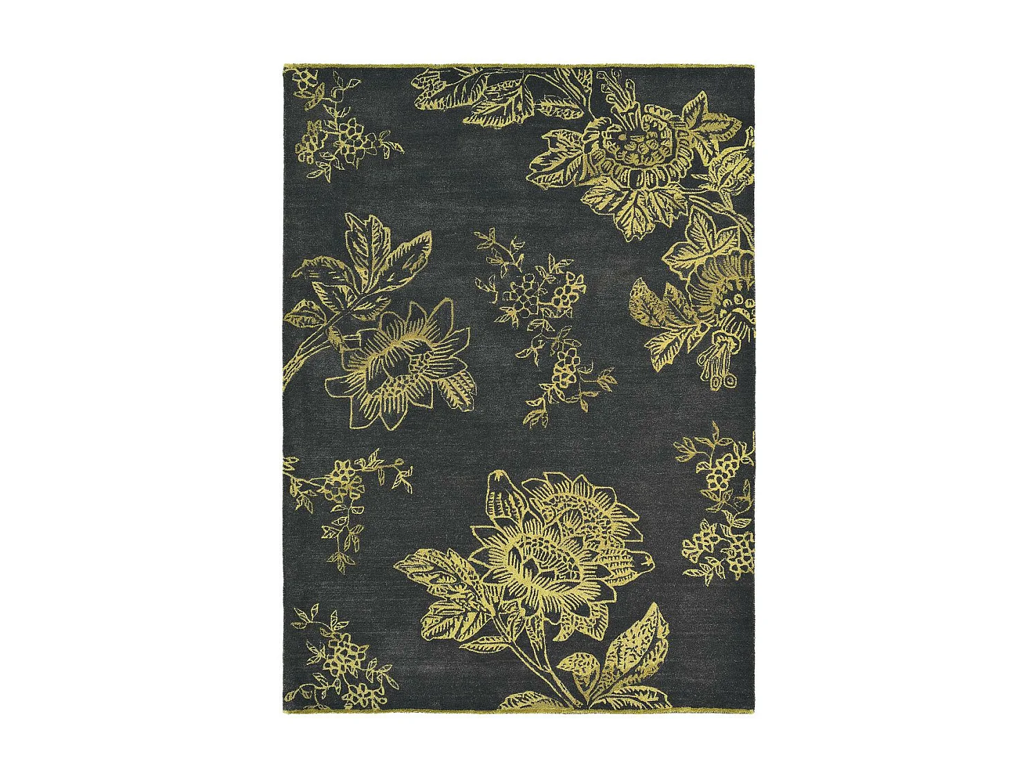 tapis salon 170x240 fait à la main en laine noir et or rectangle motif floral