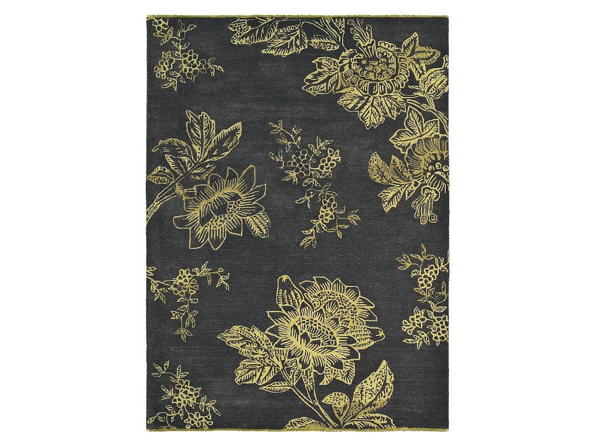 tapis salon 170x240 fait à la main en laine noir et or rectangle motif floral
