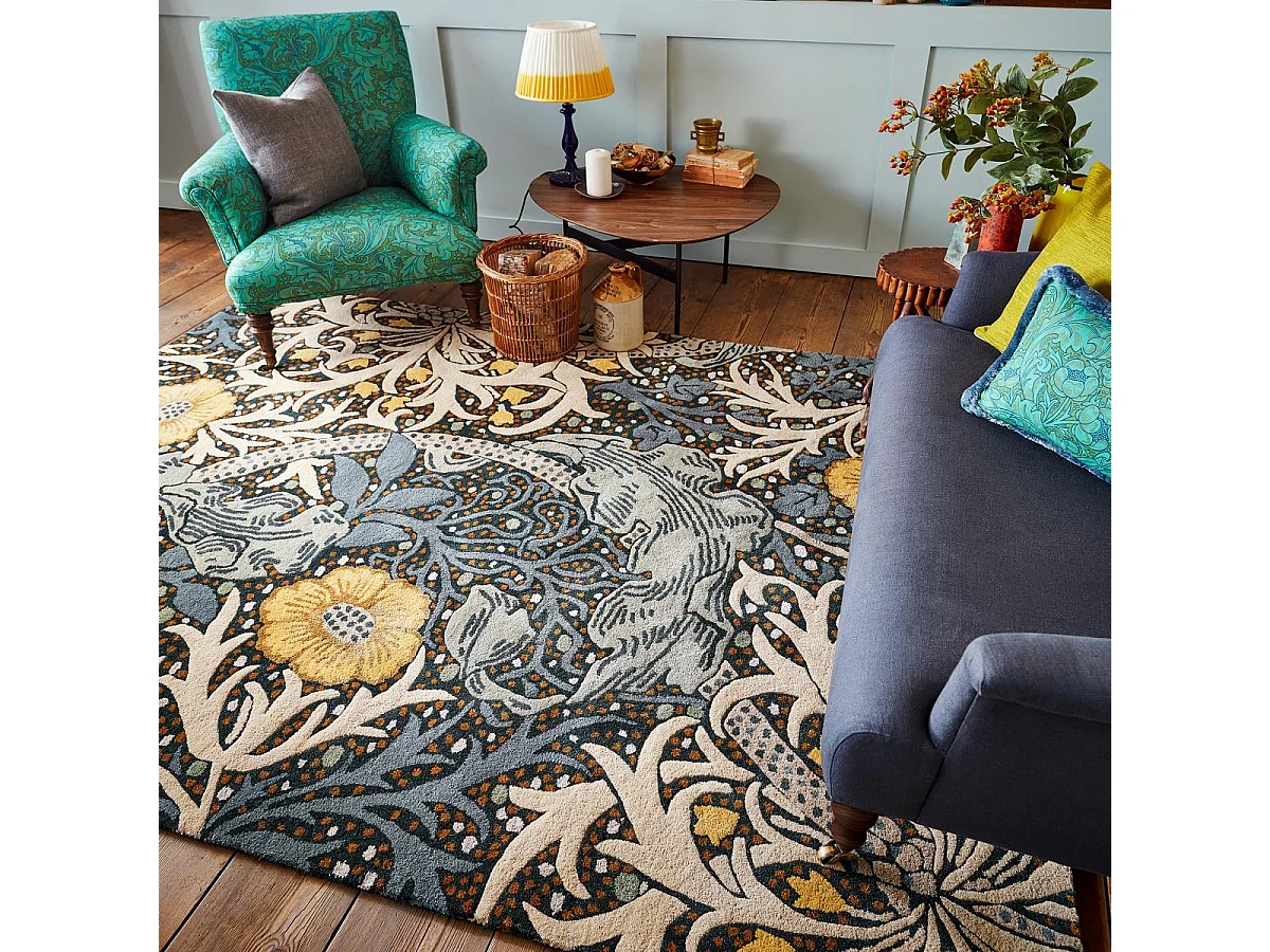 tapis entrée 140x200 fait à la main en laine bleu et jaune motif floral