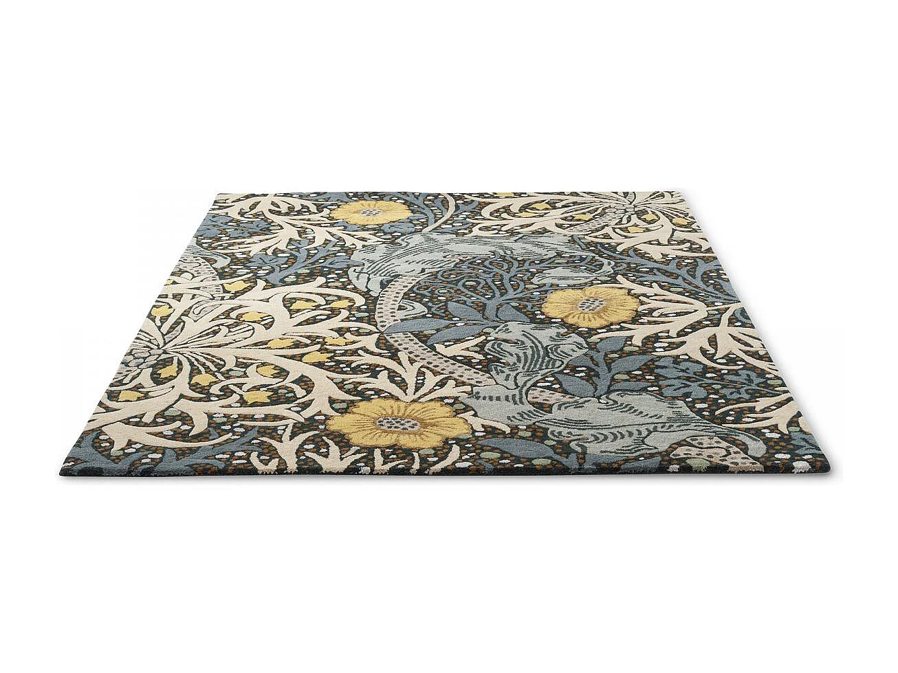 tapis entrée 140x200 fait à la main en laine bleu et jaune motif floral
