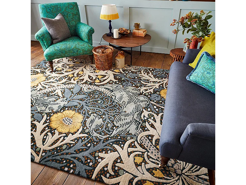 tapis entrée 140x200 fait à la main en laine bleu et jaune motif floral