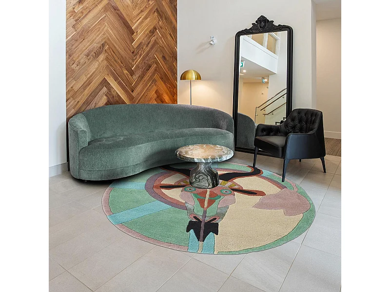 tapis entrée 100x100 fait à la main en laine multicolore motif fresque