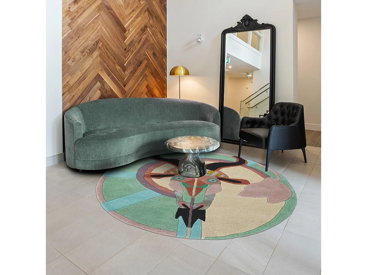 tapis entrée 100x100 fait à la main en laine multicolore motif fresque