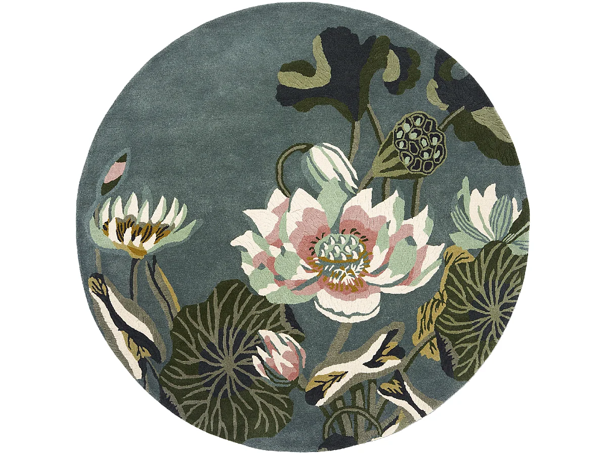 Tapis rond Ø200cm fait à la main en laine motif floral pour chambre WATERLILY