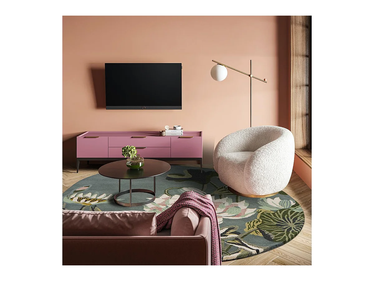 Tapis rond Ø200cm fait à la main en laine motif floral pour chambre WATERLILY