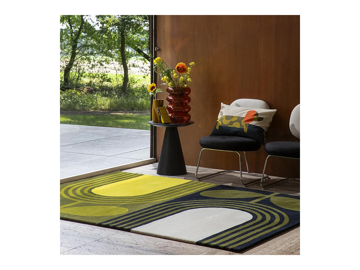 tapis chambre 160x230 fait main en laine vert et jaune rectangle motif floral
