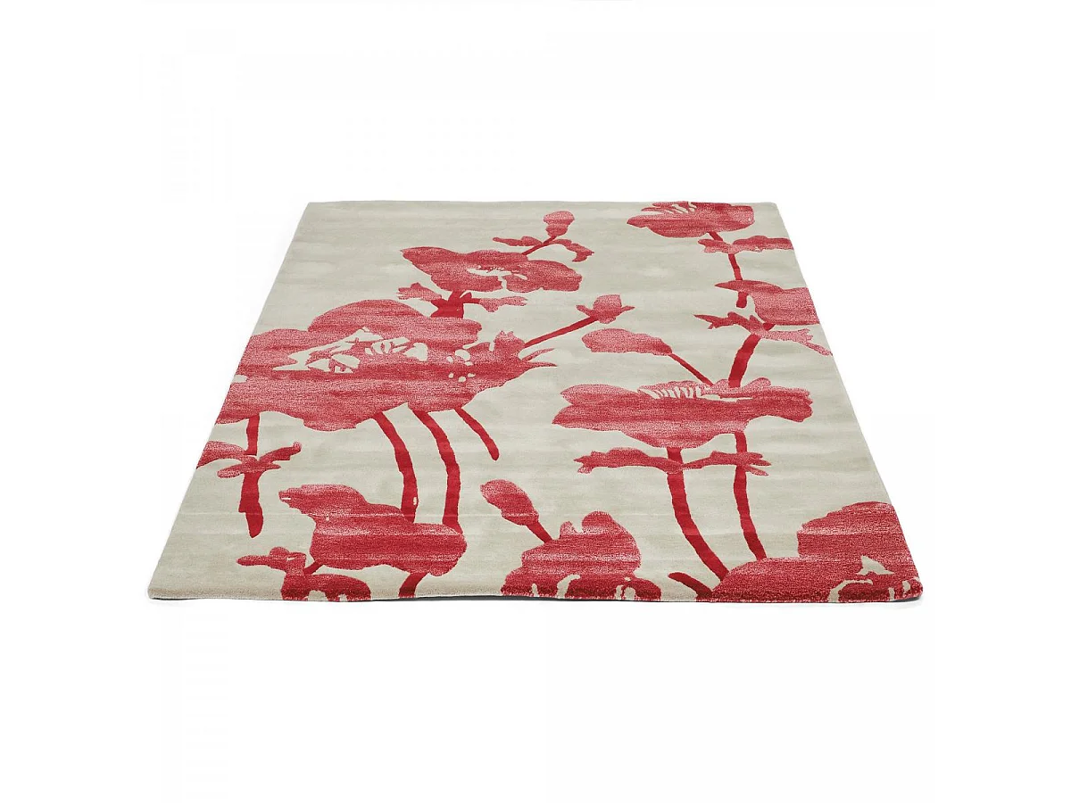 tapis chambre 200x280 fait à la main en laine gris et rouge motif floral