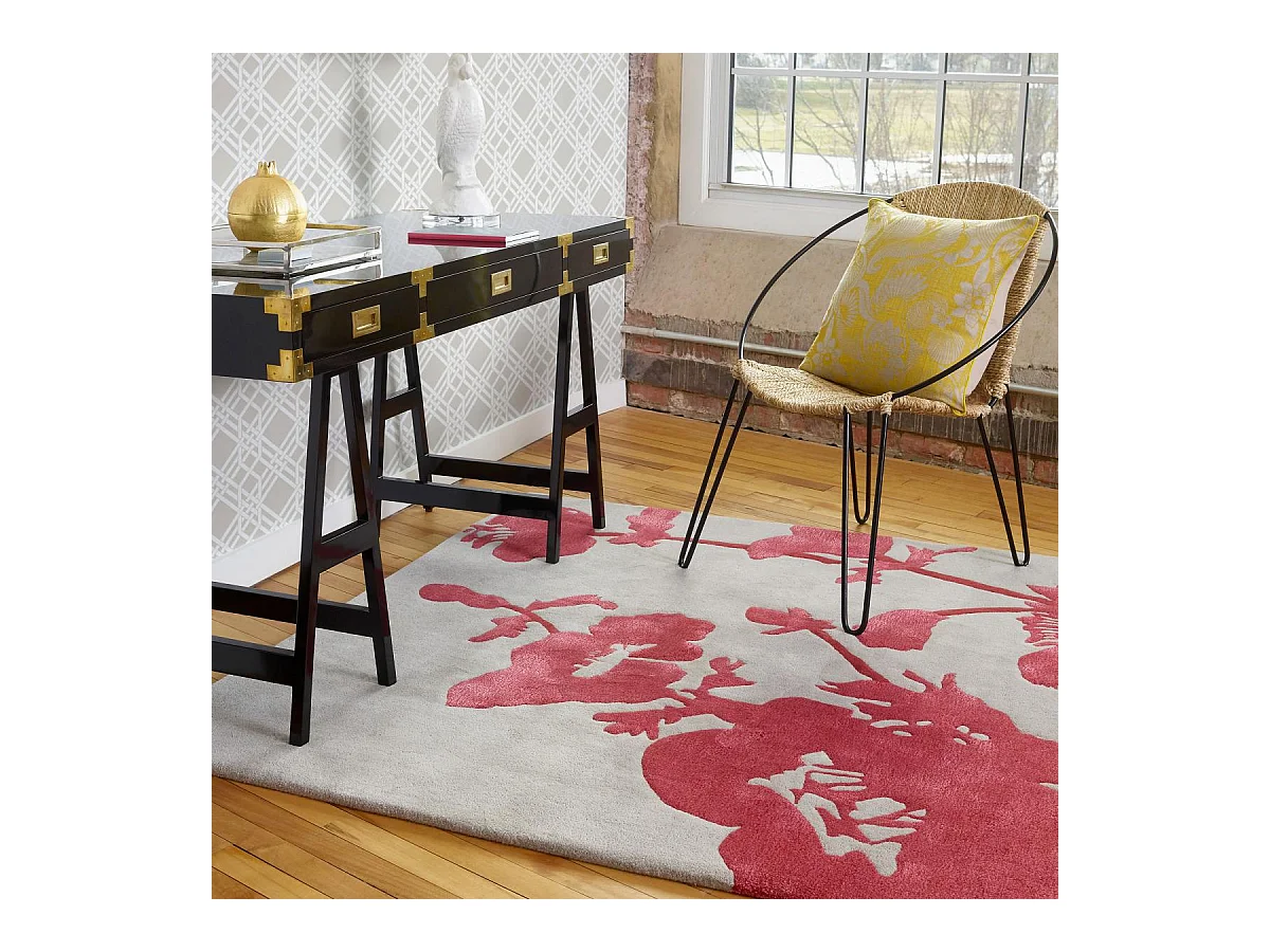 tapis chambre 200x280 fait à la main en laine gris et rouge motif floral