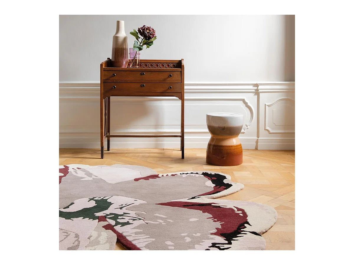 tapis salon 150x150 fait à la main en laine rose clair et bordeaux