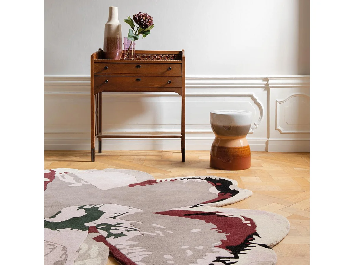 tapis salon 150x150 fait à la main en laine rose clair et bordeaux