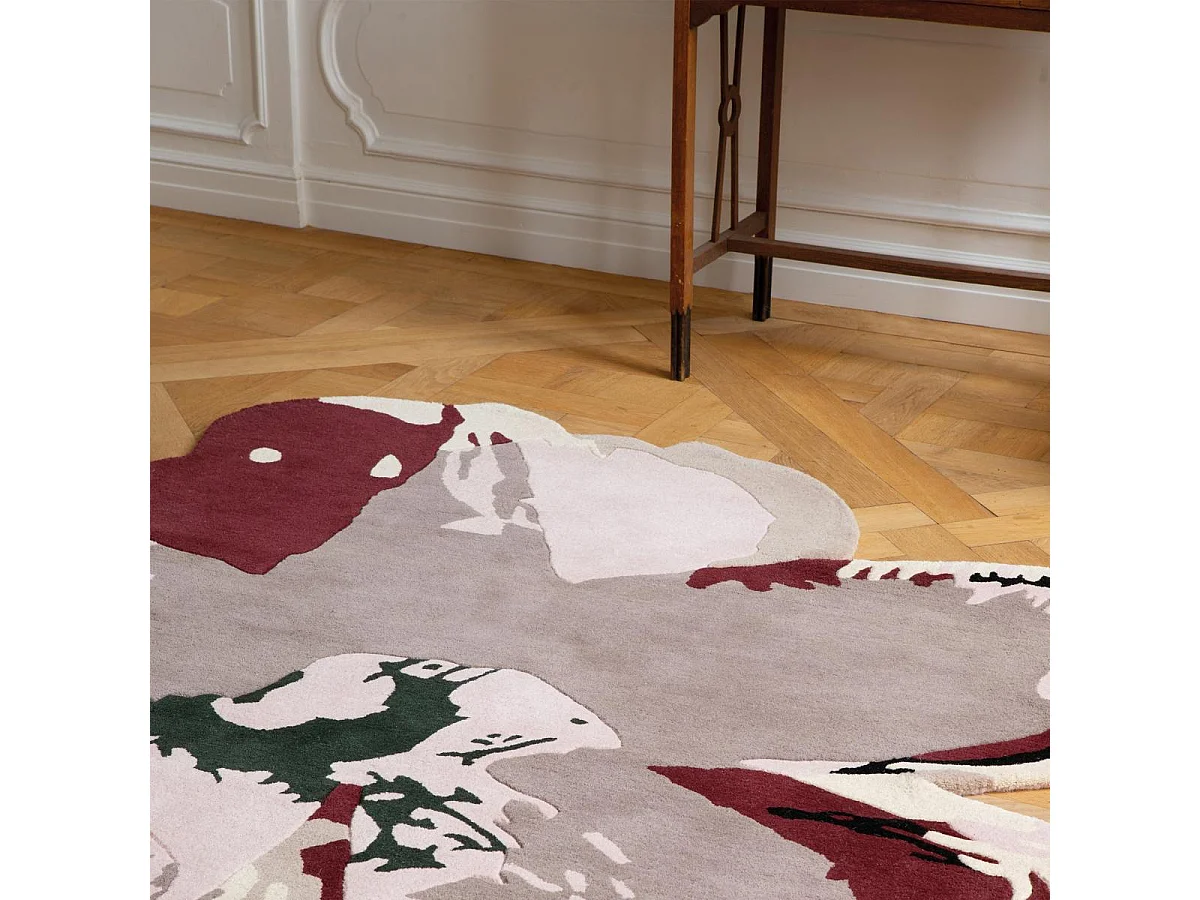 tapis salon 150x150 fait à la main en laine rose clair et bordeaux