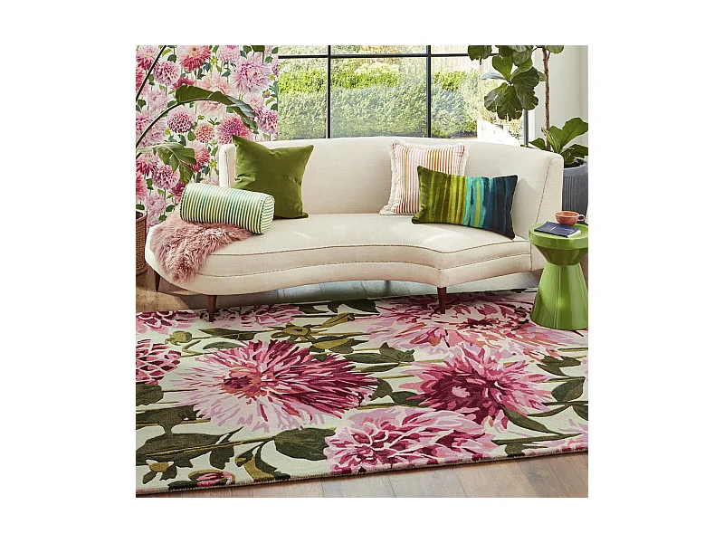 tapis grand salon 250x350 fait à la main en laine rose et vert motif floral