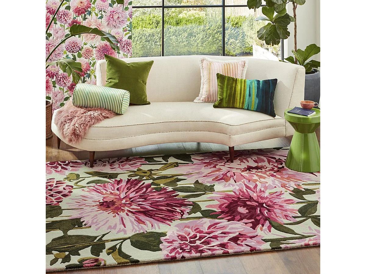 tappeto da soggiorno ampio 250x350 realizzato a mano in lana rosa e verde fantasia floreale