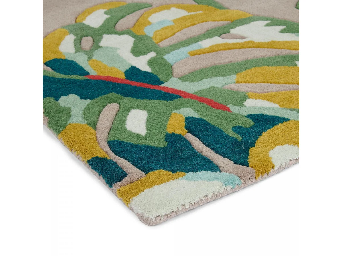 tapis chambre 170x240 fait à la main en laine gris et vert motif floral