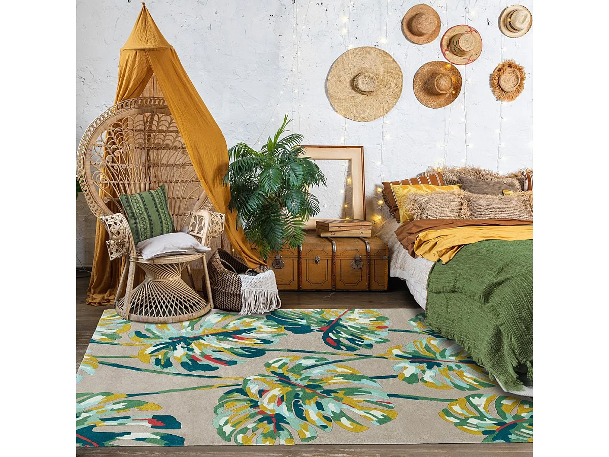 tapis chambre 170x240 fait à la main en laine gris et vert motif floral