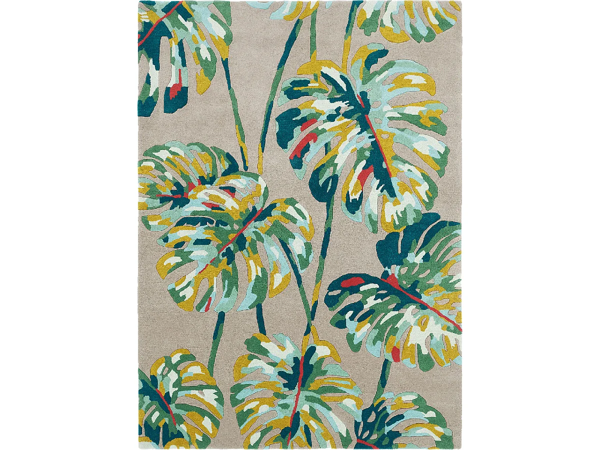 tapis chambre 170x240 fait à la main en laine gris et vert motif floral
