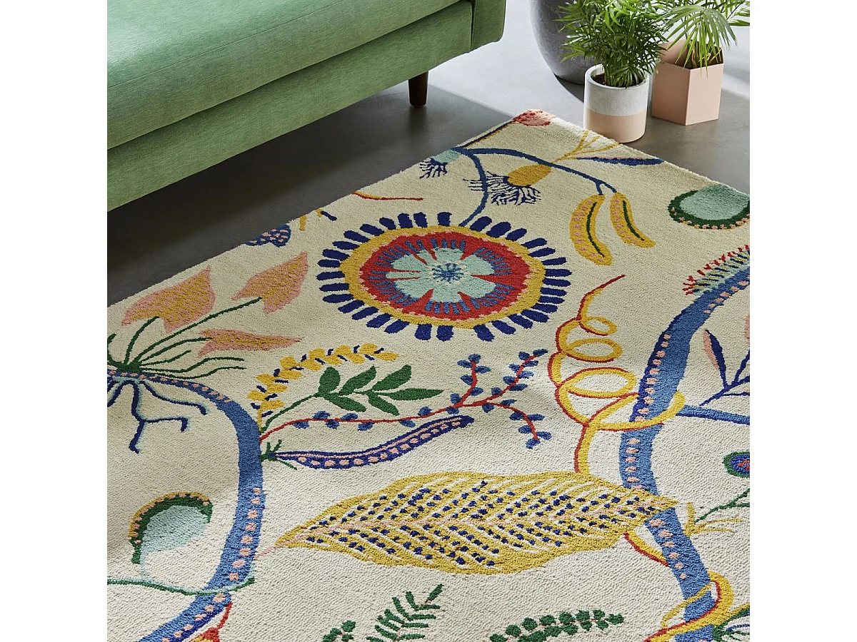 tappeto da ingresso 120x180 realizzato a mano in lana multicolore con motivo floreale rettangolare
