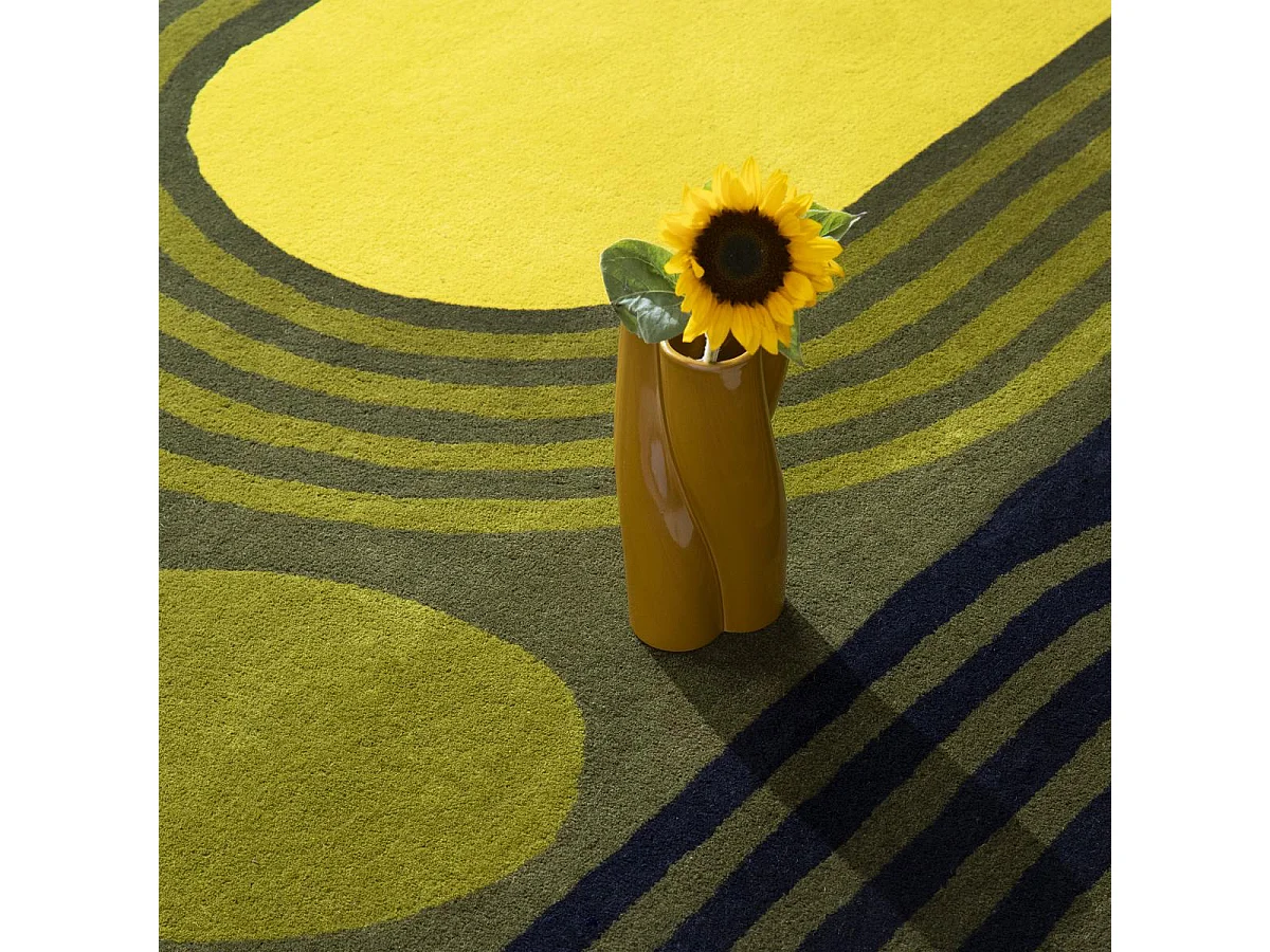 tapis entrée 120x180 fait main en laine vert et jaune rectangle motif floral