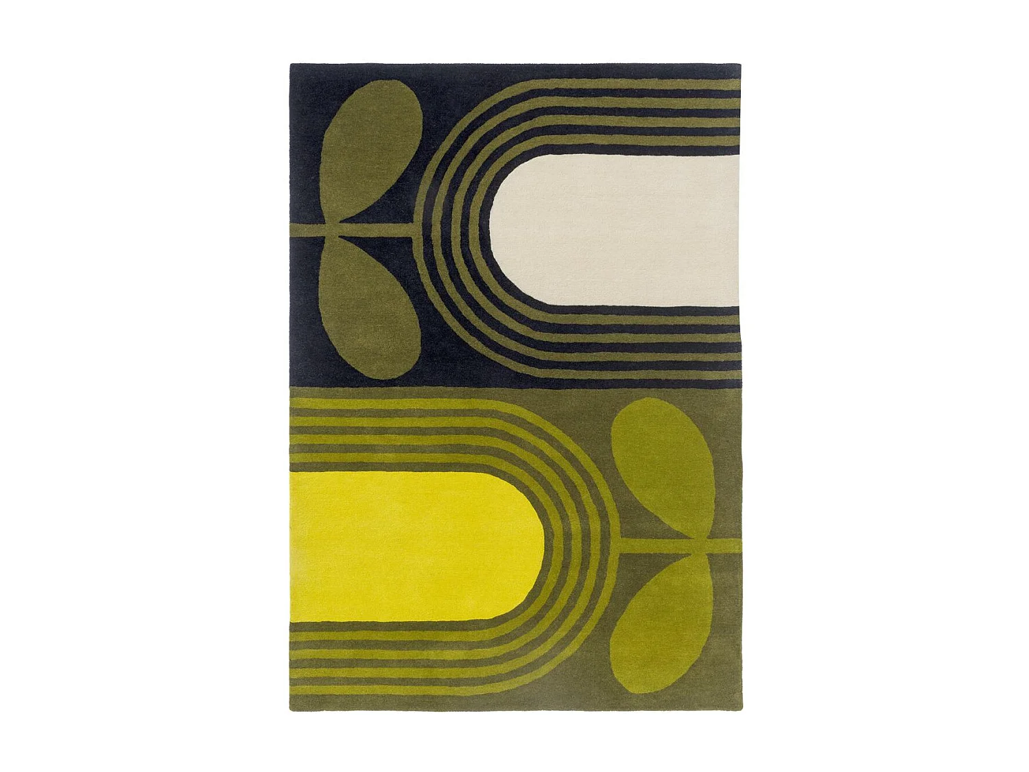 Tappeto da ingresso 120x180 fatto a mano in lana verde e giallo con motivo floreale rettangolare