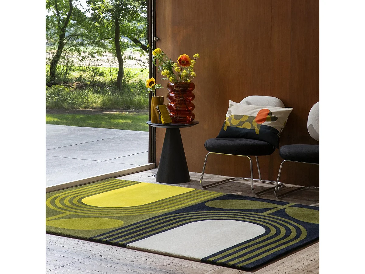 Tappeto da ingresso 120x180 fatto a mano in lana verde e giallo con motivo floreale rettangolare