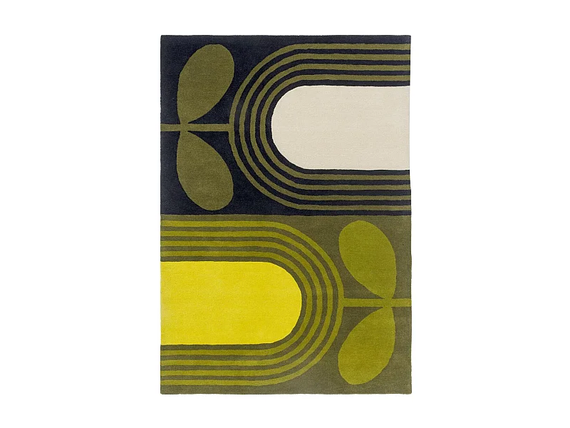 tapis entrée 120x180 fait main en laine vert et jaune rectangle motif floral