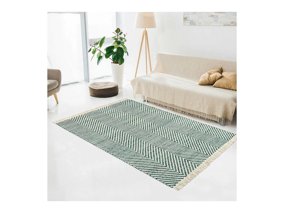 Tapis kilim 200x280 rectangle tissé en laine vert et beige motif simple TWILL