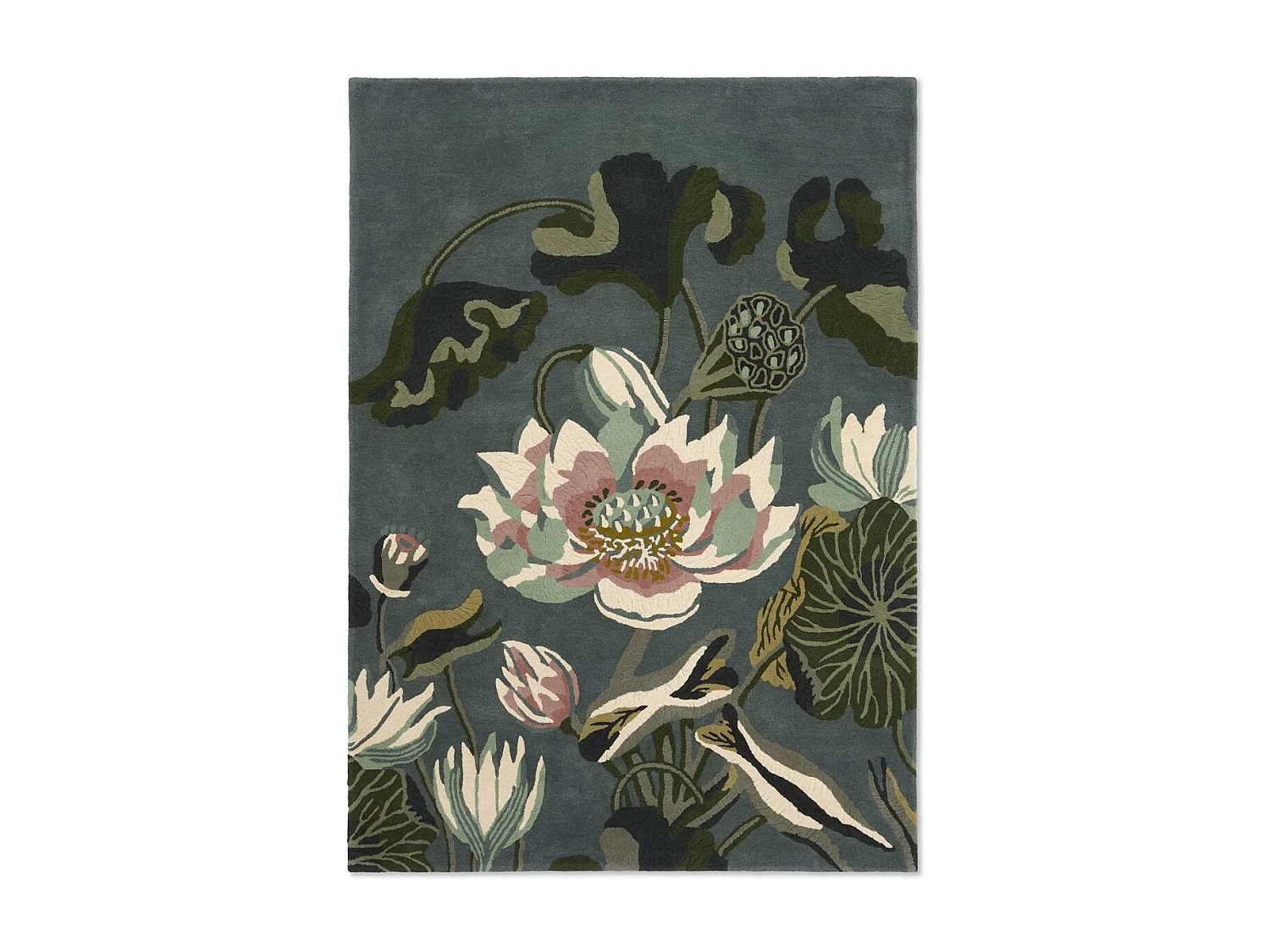 tapis chambre 170x240 fait à la main en laine vert et beige motif floral