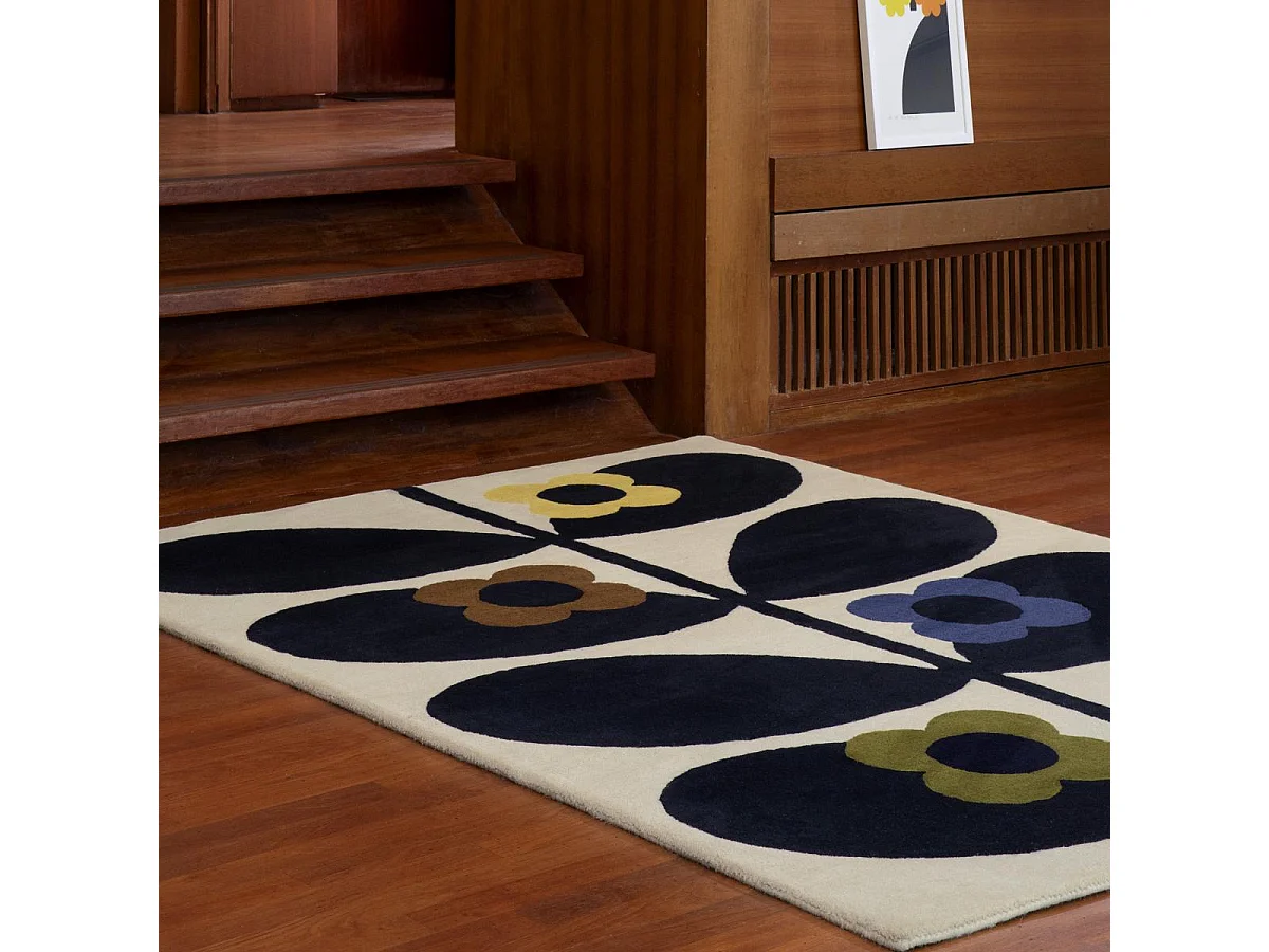 tapis grand salon 250x350 fait main en laine noir et jaune motif floral