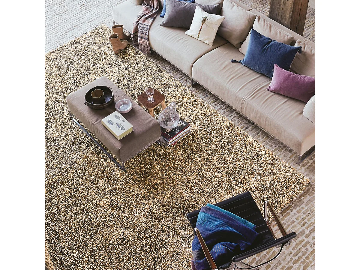 Tapis shaggy 200x300 rectangle tissé crème en laine motif faux uni ROCKS