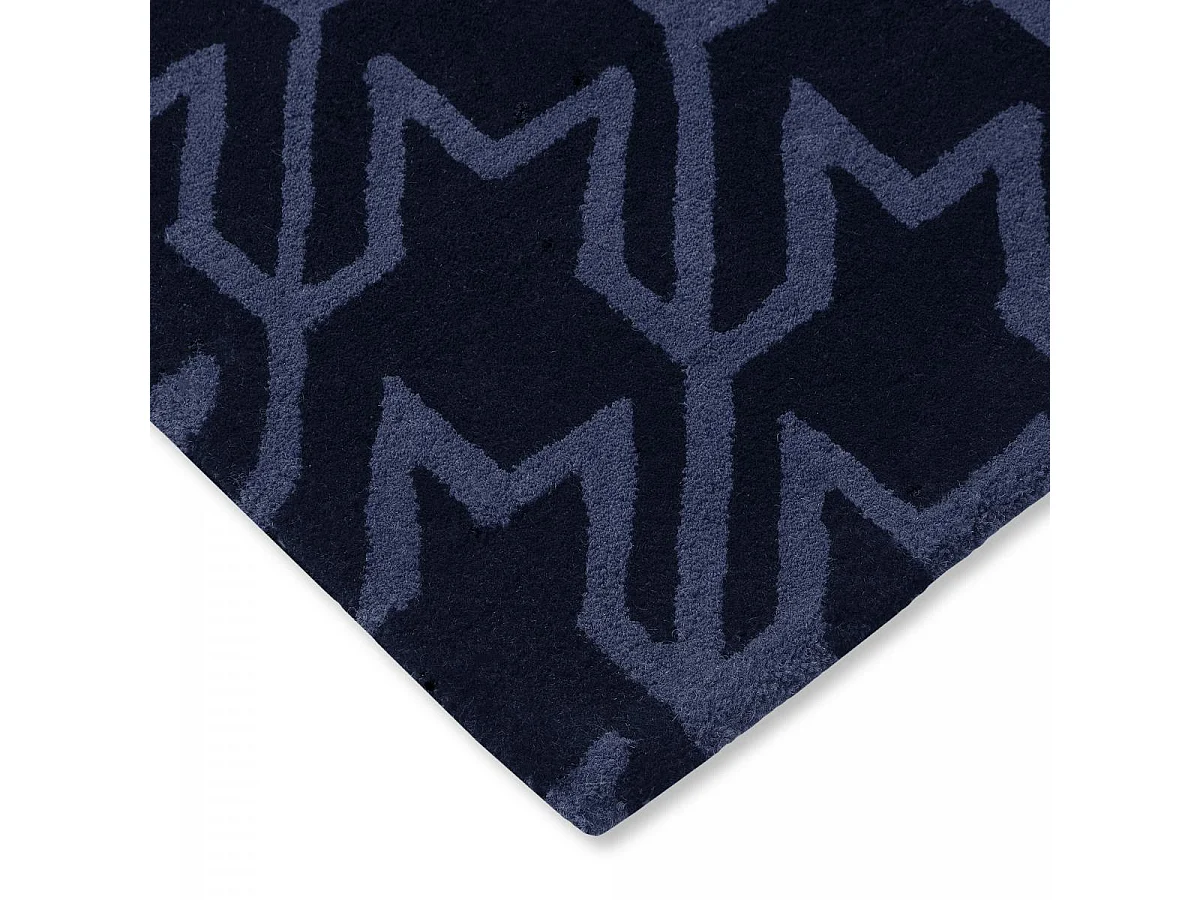 tapis entrée 140x200 fait à la main en laine bleu foncé motif géométrique