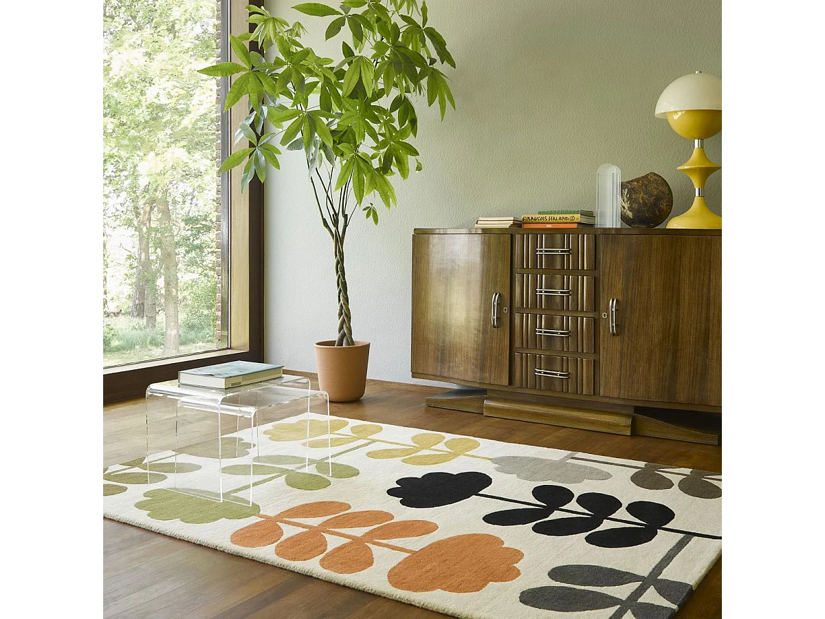 tapis chambre 160x230 fait à la main en laine beige et vert motif seventies