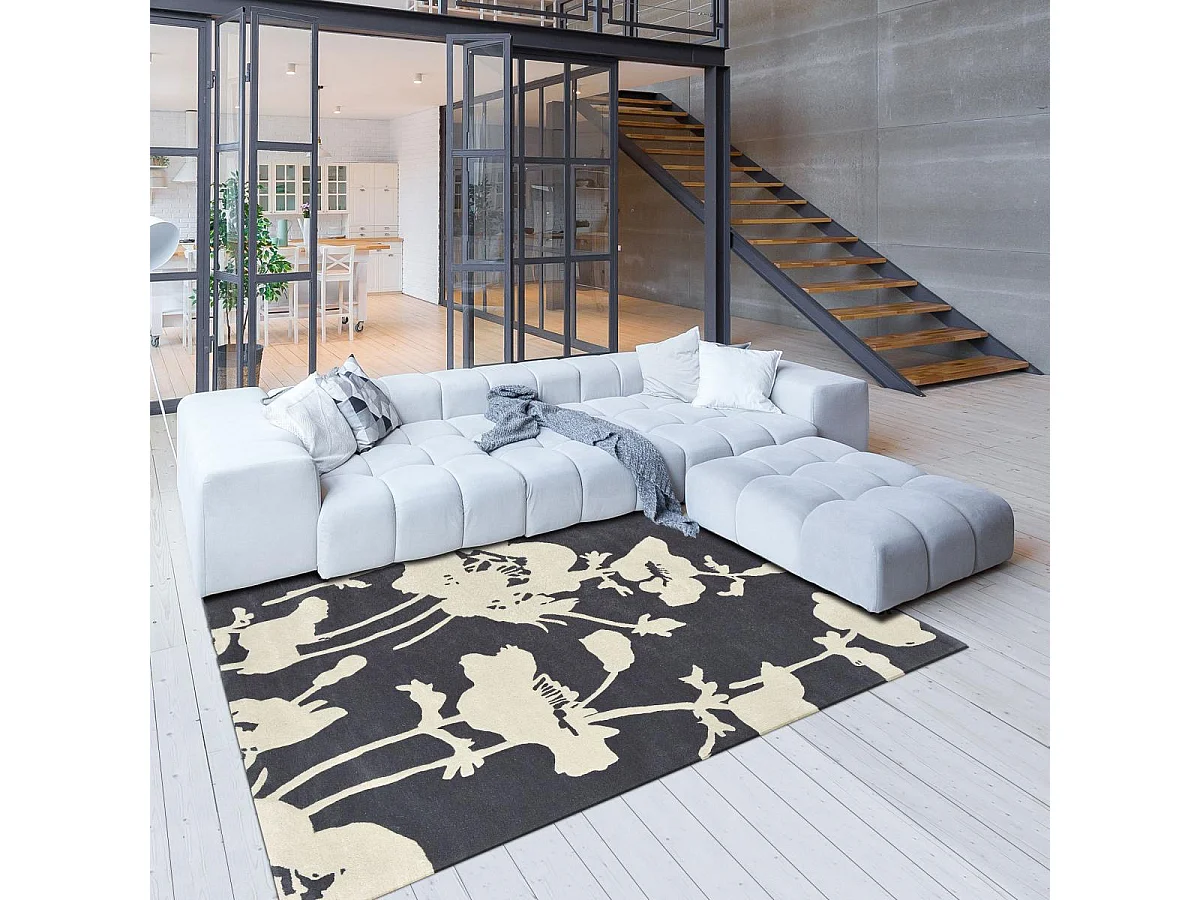 tapis chambre 200x280 fait à la main en laine gris et blanc motif floral