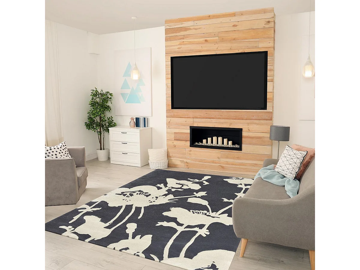 tapis chambre 200x280 fait à la main en laine gris et blanc motif floral