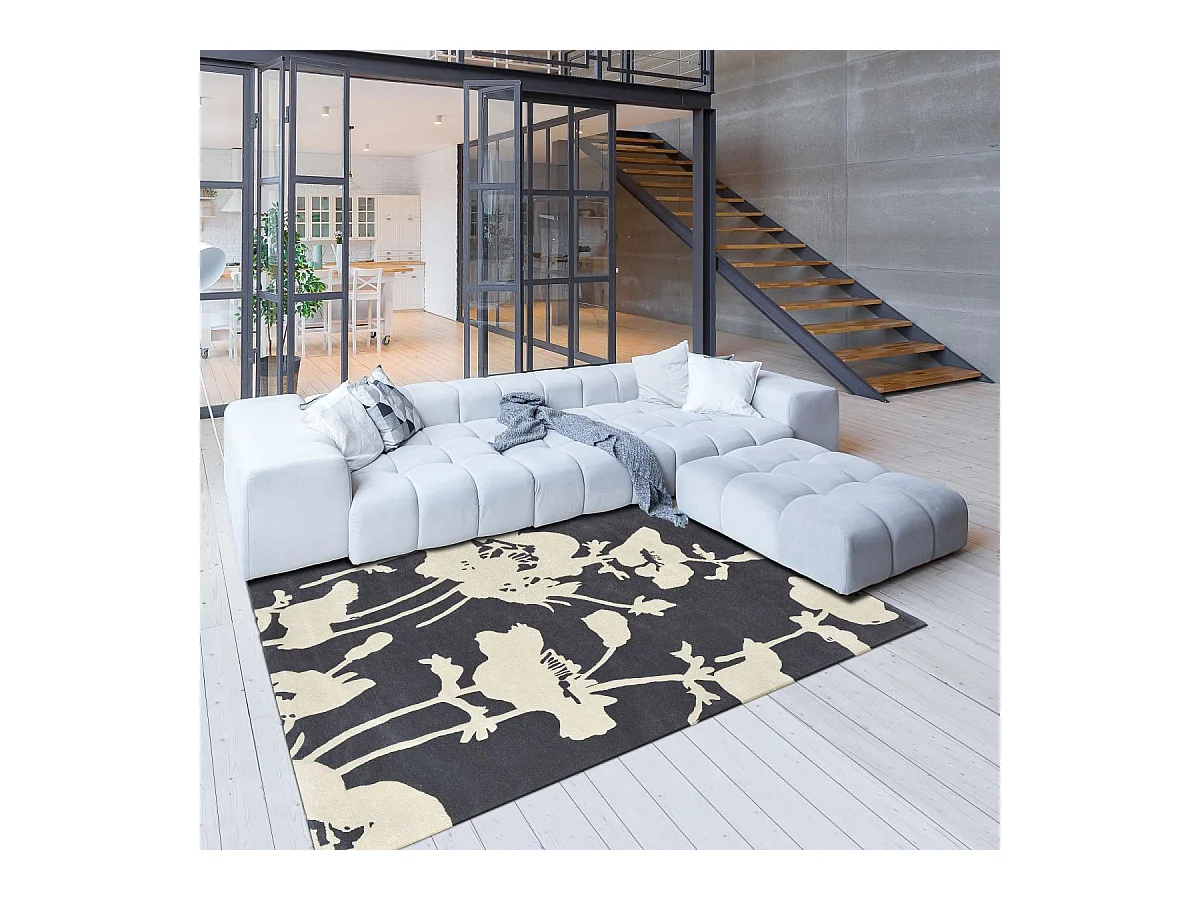 tapis chambre 200x280 fait à la main en laine gris et blanc motif floral