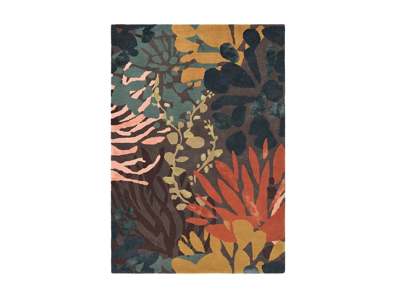 tapis entrée 140x200 tissé en laine noir et orange rectangle motif floral