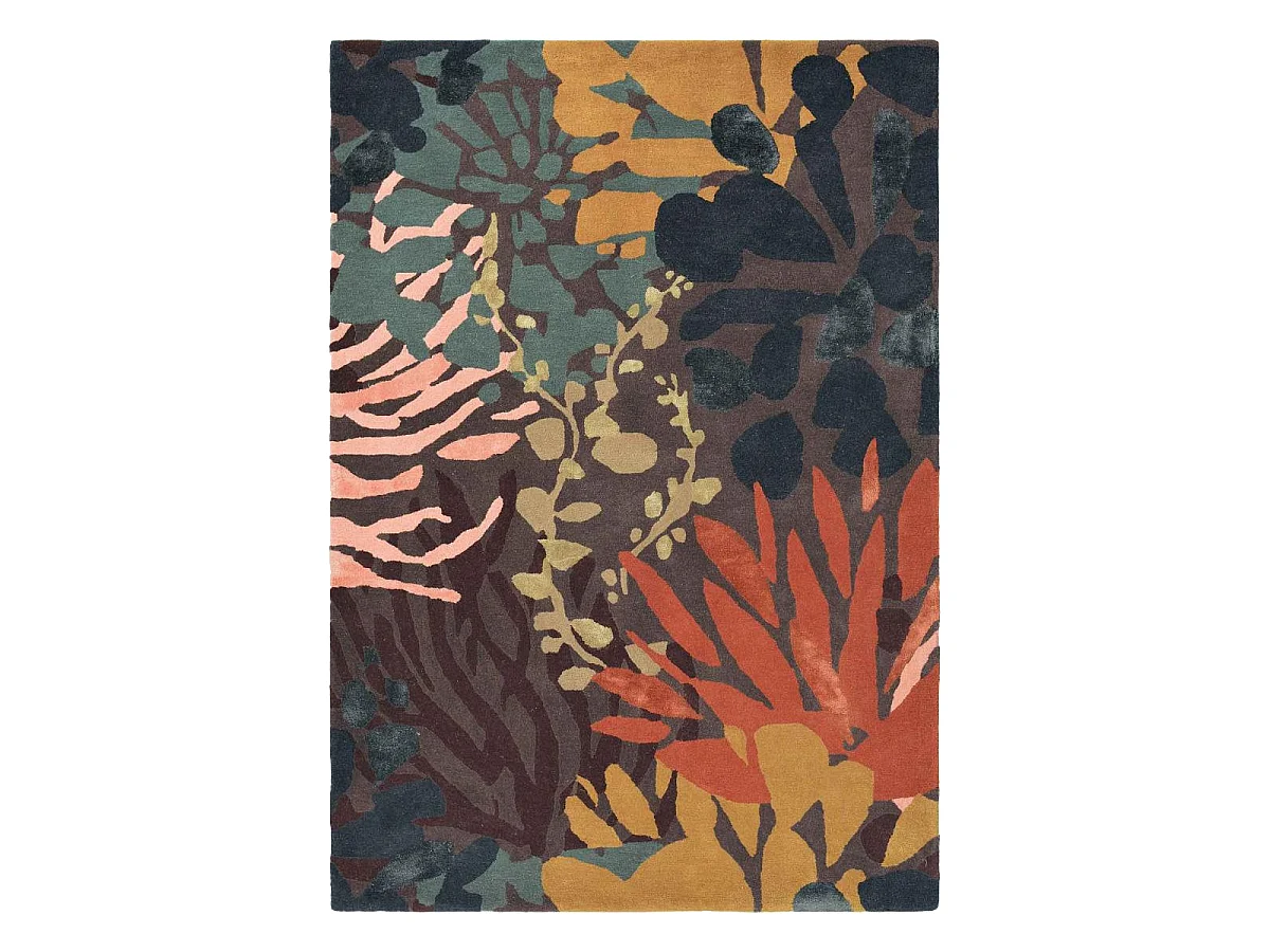 tapis entrée 140x200 tissé en laine noir et orange rectangle motif floral