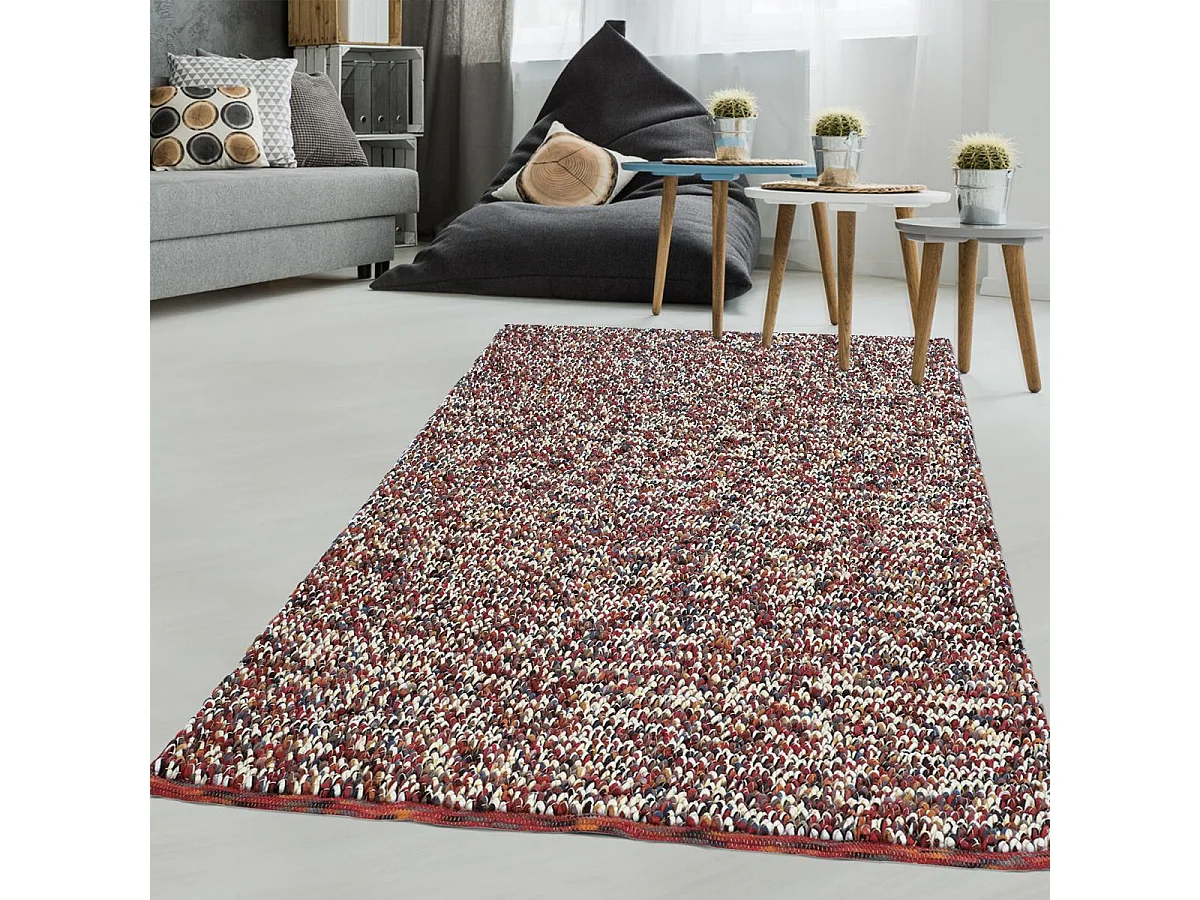 tapis salon 200x300 tissé en laine beige et rouge rectangle motif faux uni