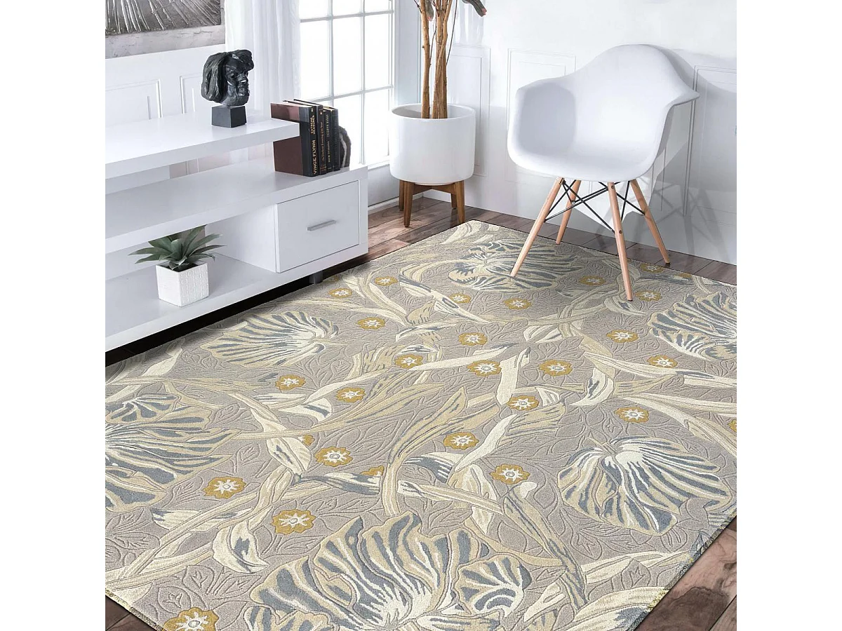 Tappeto per sala da pranzo 250x350 fatto a mano in lana grigio chiaro con motivo floreale