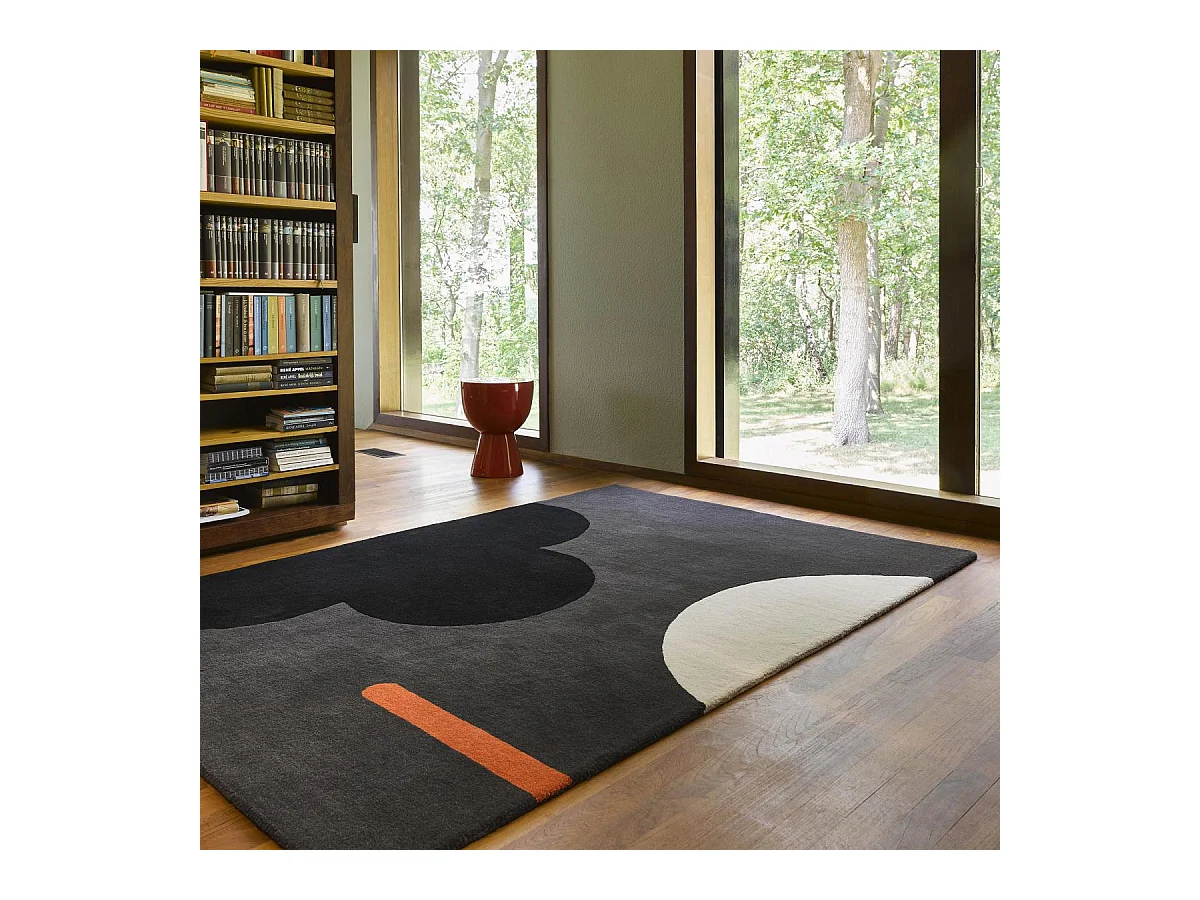 tapis chambre 160x230 fait à la main en laine noir et gris motif seventies