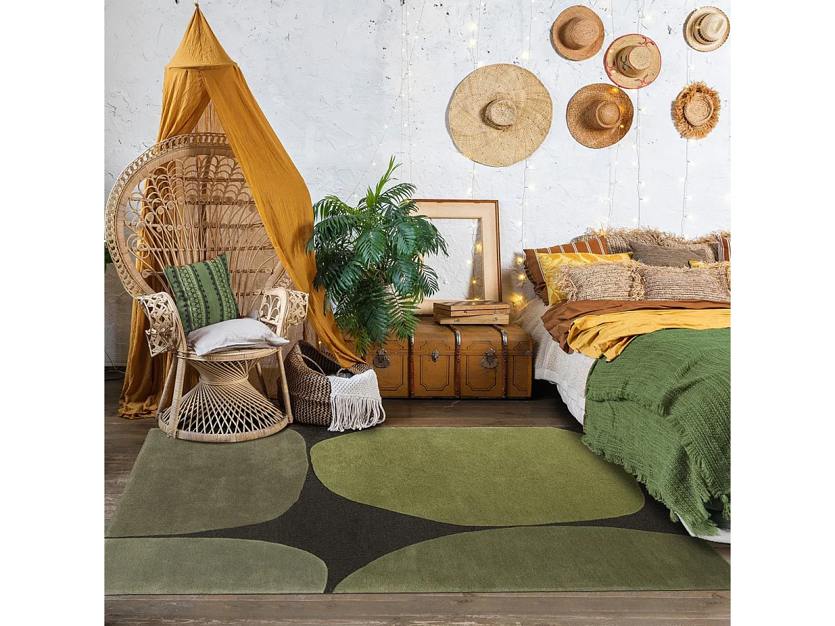 tapis open space 200x280 fait main en laine vert rectangle motif rétro-vintage